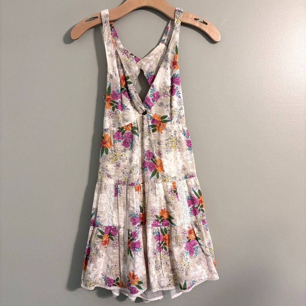 Billabong Cut Out Floral Tiered Lace Mini Dress Small Boho Chic Romantic Beach